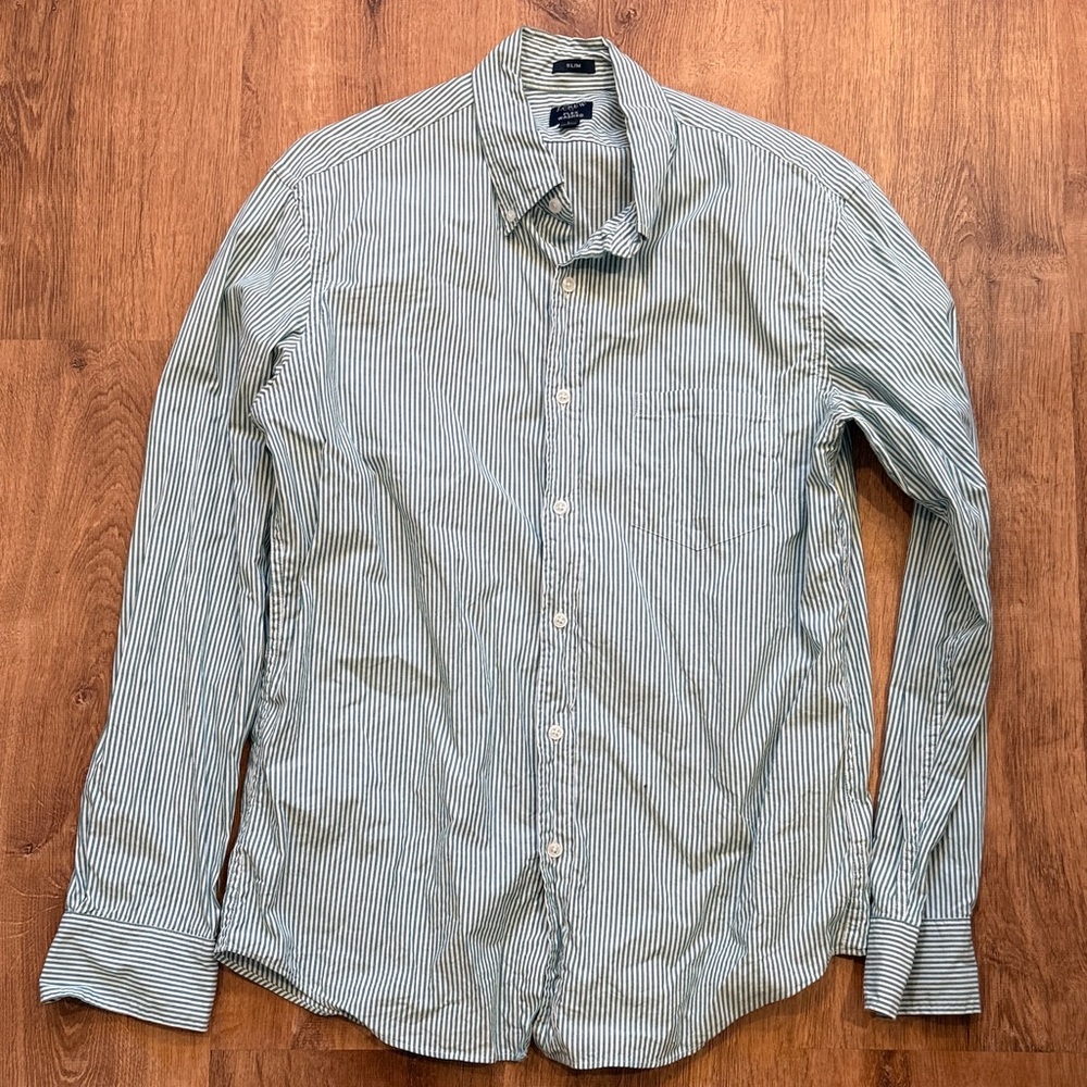 J. Crew Green and White Narrow-Stripe Button-Down Shirt